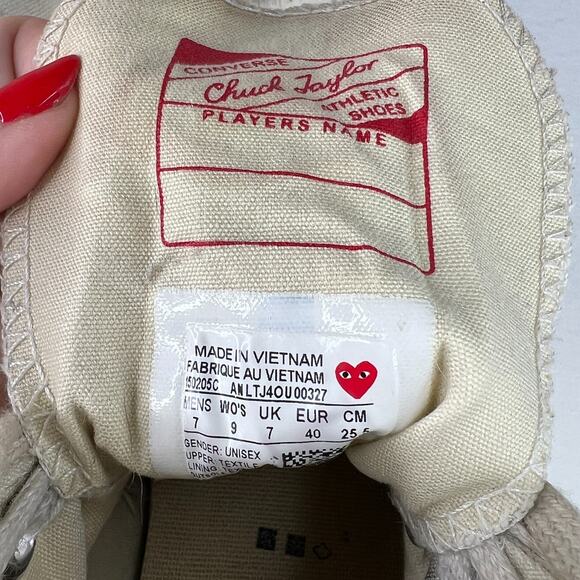 Converse x PLAY Comme des Garçons Chuck 70 High Top Sneakers FLAW White M7, W9 - Picture 10 of 11